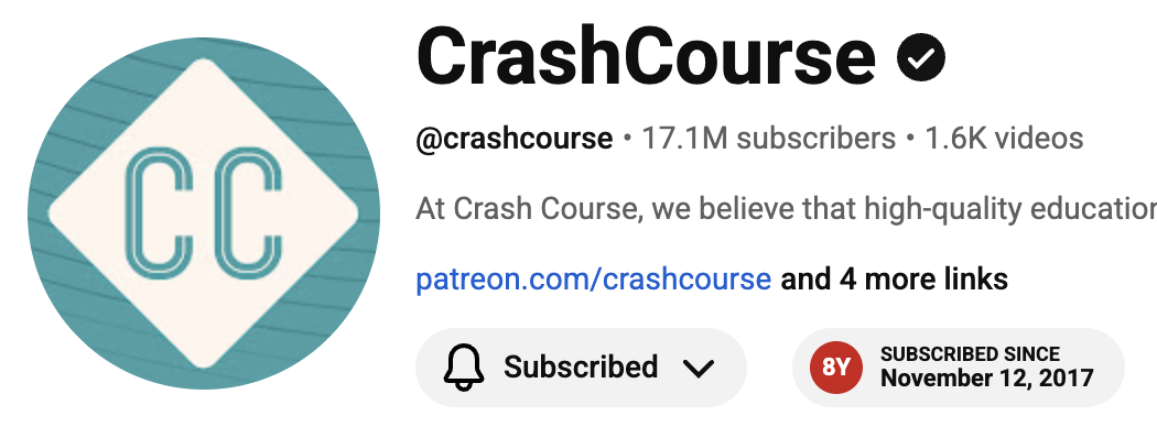 Crash Course channel — subscribed since November 12, 2017 (8Y)