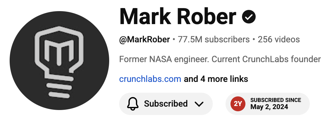 Mark Rober channel — subscribed since May 2, 2020 (2Y)